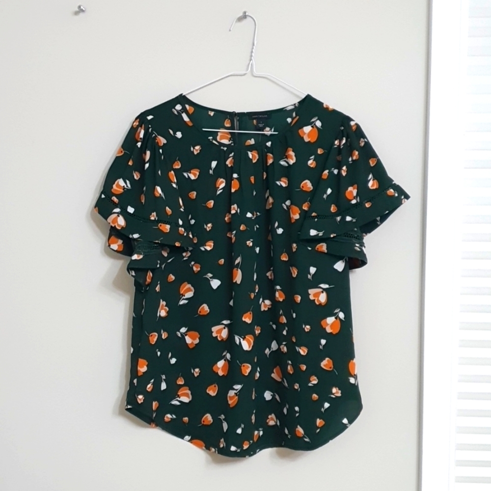 Ann Taylor Gleen& Orange Floral Ruffle Sleeve Blouse